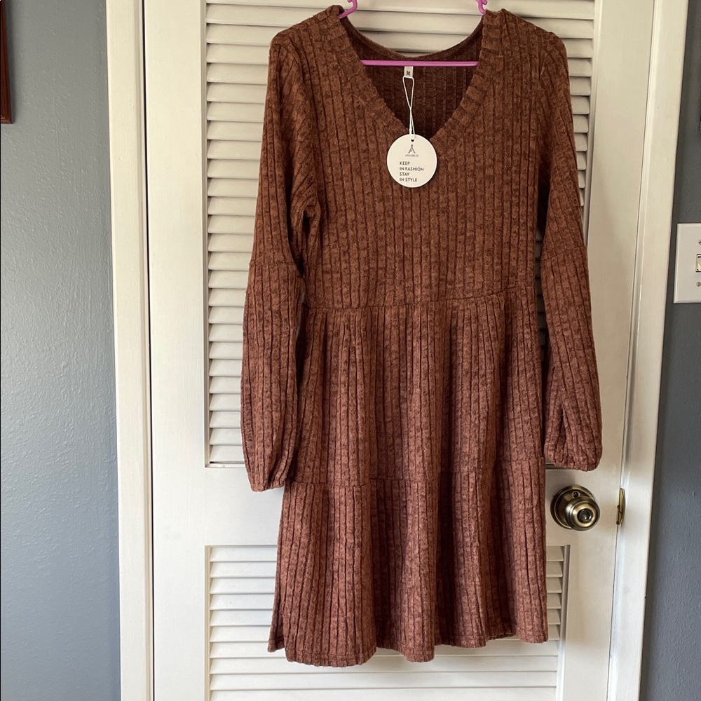 Women's Long Sleeve V-Neck Knit Dress in Brown